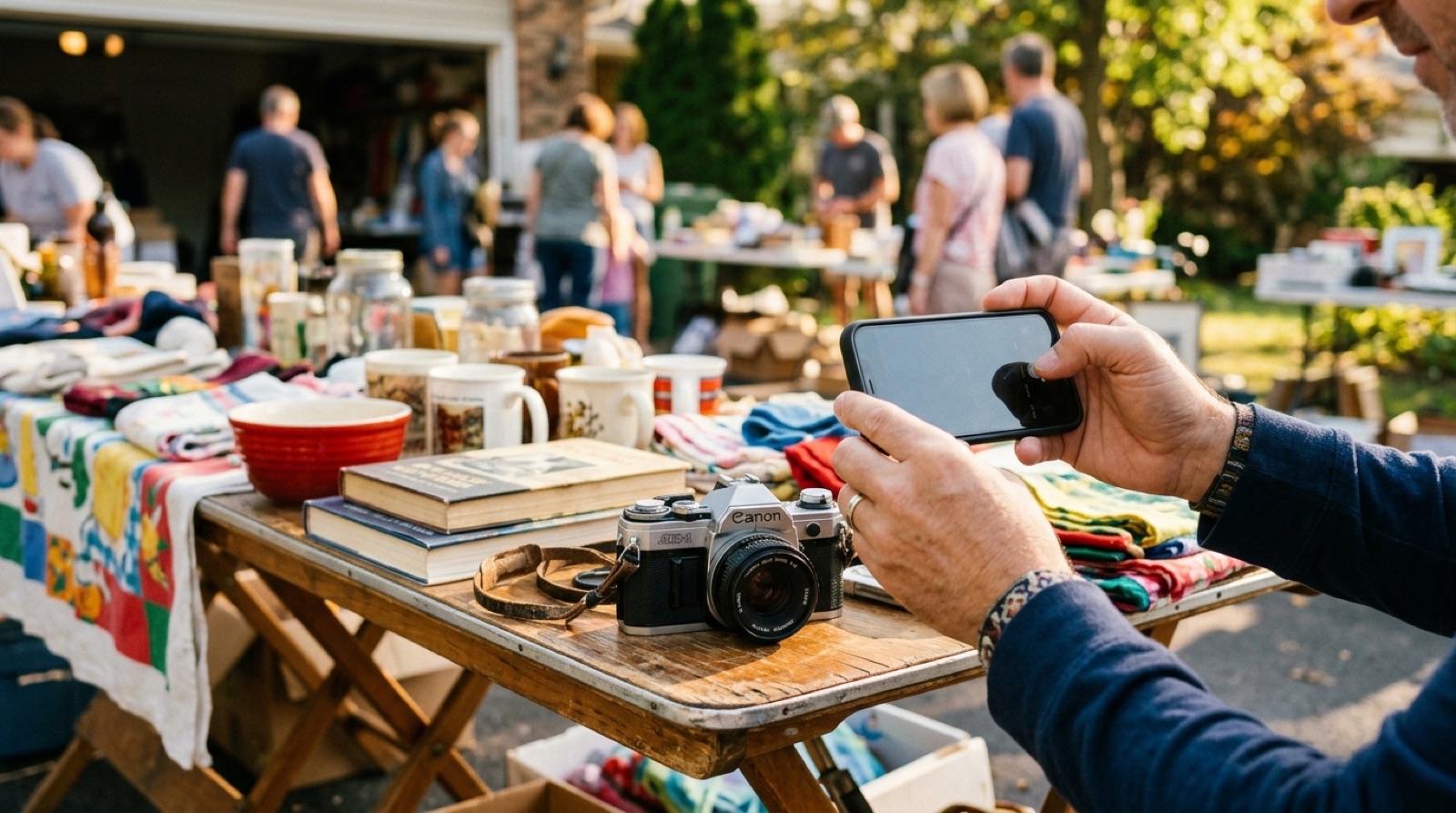 A reseller photographs a vintage film camera at a garage sale